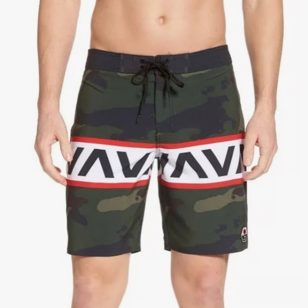 RVCA Men's Camo Board Shorts with Red Accents